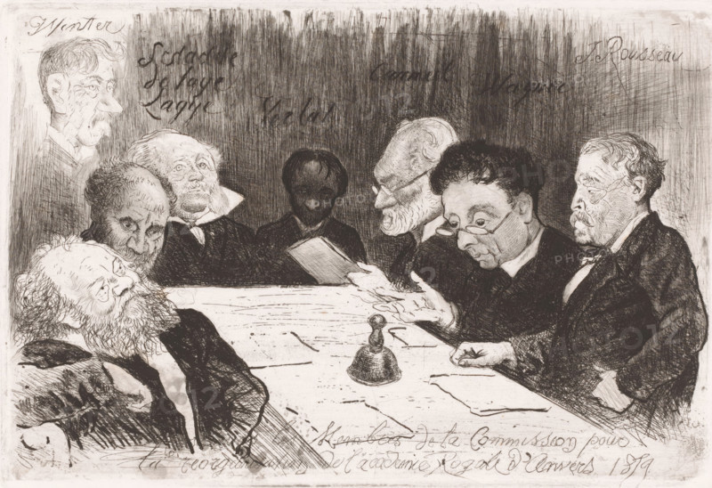 Messieurs les Membres de la Commission pour la reorganisation de l'academie Royale d'Anvers 1879, Commissie voor reorganisatie van de Antwerpse Academie, print, Somewhat caricatural portraits of the members of a committee of the Royal Academy of Fine Arts in Antwerp., inscription: 'Winter, Schadde, de Laye, Lagye, Verlat, Canneel, Wagner, J. Rousseau', printmaker: Charles Verlat, 1879, paper, etching, drypoint, retroussage, aquatint, height 184 mm x width 273 mm, The surnames of the sitters are mentioned on the print (except for the first state). For most, it is clear which person is being referred to; however, with Winter, and Wagner, this is not yet the case., Person, Victor Lagye, Jozef Schadde, Théodore Joseph Canneel, Jean Rousseau, historical persons, academy, association of artists, place or institution of education and training of the artist, eg: academy of art, societies and directory boards, A group of men with varied facial hair and expressions sit and lean around a rectangu...