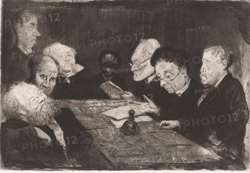 Messieurs les Membres de la Commission pour la reorganisation de l'academie Royale d'Anvers 1879, Commissie voor reorganisatie van de Antwerpse Academie, print, Somewhat caricatured portraits of the members of a committee of the Royal Academy of Fine Arts in Antwerp., inscription: 'Schadde, de Laye, Lagye, Verlat, Canneel, Wagner, J. Rousseau', printmaker: Charles Verlat, 1879, paper, chine collé, etching, drypoint, retroussage, aquatint, intaglio printmaking technique, height 188 mm x width 271 mm, The surnames of the sitters are mentioned on the print (except for the first state). For most, it is clear which person is being referred to; however, with Winter, and Wagner, this is not yet the case., Person, Victor Lagye, Jozef Schadde, Théodore Joseph Canneel, Jean Rousseau, historical persons, academy, association of artists, place or institution of education and training of the artist, eg: academy of art, societies and directory boards, A dimly lit scene shows a group of men gathered ...