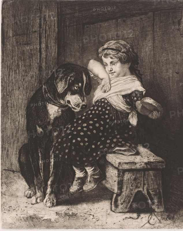 Girl with dog looking at her sandwich, print, printmaker: Charles Verlat, 1834 - 1890, paper, chine collé, etching, drypoint, roulette, retroussage, intaglio printmaking technique, height 241 mm x width 195 mm, dog, filled breads, rolls, eg sandwich, hamburger, A monochrome etching shows a young girl seated on a rough wooden stool next to a large dog. The girl wears a patterned dress with a polka-dot skirt, a light scarf draped across her shoulders, and a headband holding back curly hair. She has one arm raised with her hand near her face and the other hand rests on a round object. The dog sits close beside her, facing slightly toward her with its head lowered and eyes visible. The scene is set against a textured wooden wall and floor, with visible grain and worn surfaces. The girl's shoes and the dog's paws rest on the floor, and the stool displays visible wear and wood grain.