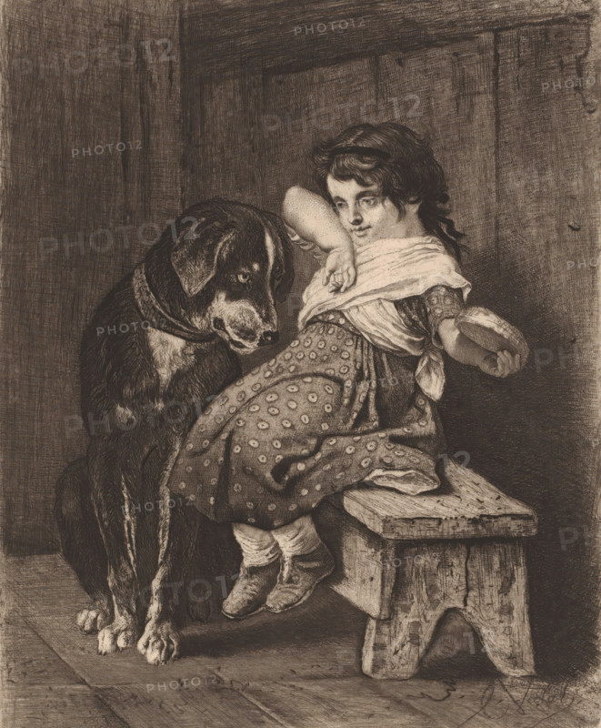 Girl with dog looking at her sandwich, print, printmaker: Charles Verlat, 1834 - 1890, paper, etching, drypoint, roulette, retroussage, intaglio printmaking technique, height 237 mm x width 195 mm, dog, filled breads, rolls, e.g. sandwich, hamburger, A seated child wearing a patterned skirt and a light shawl holds a round object in one hand while resting the other arm across their face, and a large dog sits close beside the child with its head lowered toward them; the scene is rendered in detailed dark lines and shading, showing worn wooden floorboards and a simple wooden bench, textured walls in the background, the child's curly hair and soft facial features, the dog's fur markings and paws, and visible folds and patterns in the clothing.