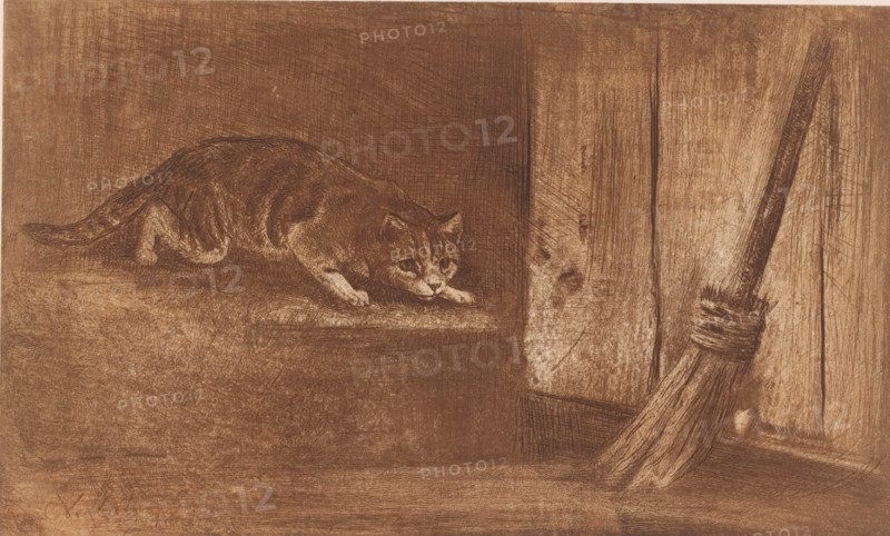 Cat and mouse, print, Cat stalks a mouse hiding behind a broom., printmaker: Charles Verlat, 1834 - 1890, paper, chine collé, etching, intaglio printmaking technique, height 246 mm x width 327 mm, A monochrome sketch showing a cat crouched low on a surface with its body stretched and paws forward, its head lowered and eyes looking ahead, fur and stripes rendered with fine crosshatched lines; to the right a wooden panel or beam with visible grain and scratches stands vertically, and a broom with a wrapped handle and frayed bristles leans against it, all depicted with textured shading and scratchy linework on a uniformly toned background.