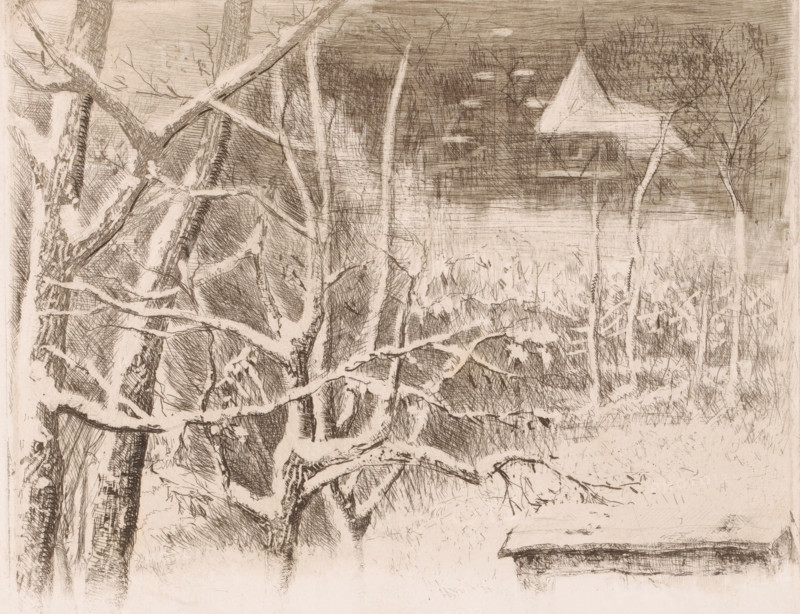 Snow landscape with castle, print, printmaker: Charles Verlat, 1834 - 1890, paper, etching, intaglio printmaking technique, height 189 mm x width 236 mm, snow, landscape with tower or castle, A monochrome etching showing a dense foreground of leafless tree trunks and tangled branches with visible bark texture and crosshatch shading, a middle ground of more slender bare trunks and underbrush, and a background containing a lightly rendered structure with a pitched roof partially obscured by trees, all depicted with fine linear marks and varying tones.