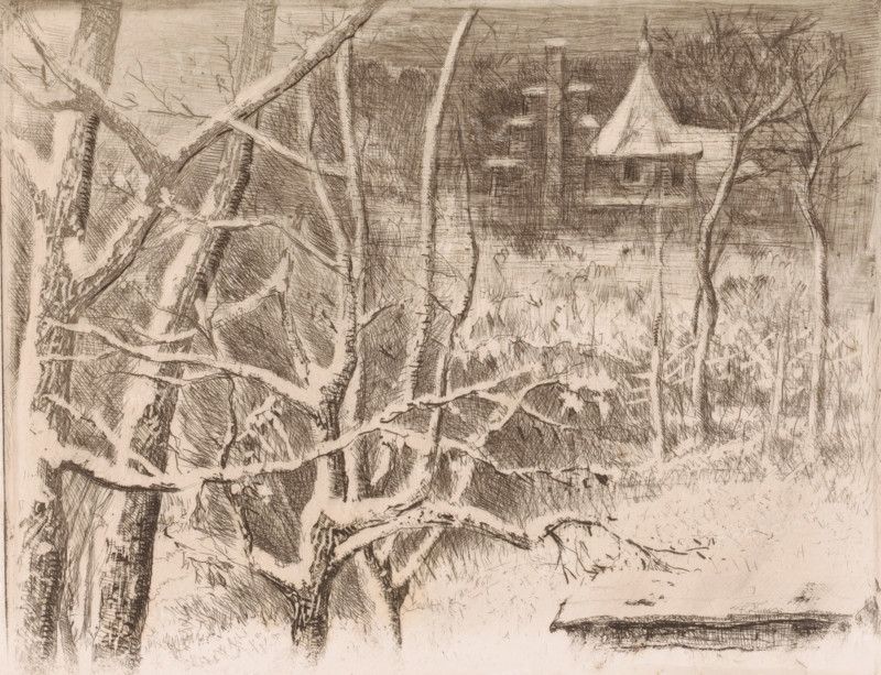 Snow landscape with castle, print, printmaker: Charles Verlat, 1834 - 1890, paper, etching, intaglio printmaking technique, height 188 mm x width 236 mm, snow, landscape with tower or castle, A monochrome sketch showing a dense foreground of tree trunks and intertwined bare branches with textured bark and crosshatching, a middle ground of grasses and low vegetation rendered with short, linear strokes, and in the background a small peaked-roof structure partially obscured by trees alongside a vertical pole with horizontal crosspieces, all depicted with fine, sketchy lines and varied shading.