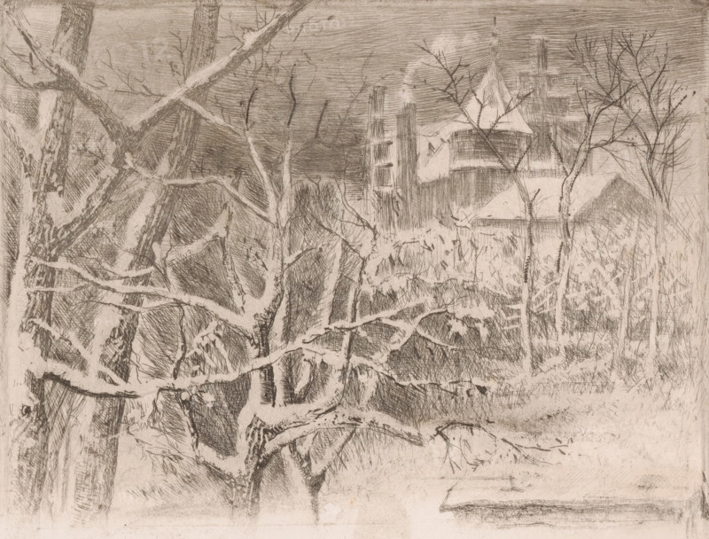 Snow landscape with castle, print, printmaker: Charles Verlat, 1834 - 1890, paper, etching, intaglio printmaking technique, height 187 mm x width 236 mm, snow, landscape with tower or castle, A detailed monochrome sketch showing a winter scene with many bare tree branches crisscrossing the foreground, some branches covered in a light suggestion of snow, and tree trunks with textured bark. Behind the trees a building with pointed roofs and steep gables is partially visible, with vertical structural elements and shaded surfaces. Thin, leafless saplings and shrubbery occupy the middle ground, and the sky is rendered with horizontal hatch marks. The overall image uses fine crosshatching and line work to create texture and depth.