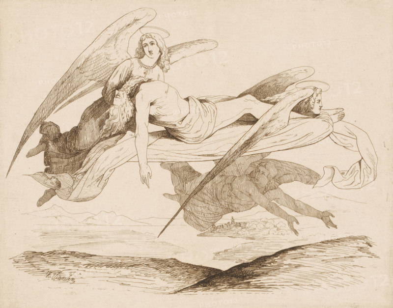Saint carried by angels, print, printmaker: Heinrich Vianden, Germany (possibly), 1836, paper, etching, intaglio printmaking technique, height 197 mm x width 250 mm, angels, city-view, and landscape with man-made constructions, being carried, A finely detailed pen-and-ink drawing shows three winged figures in flight across a pale background. One figure lies draped on a cloth with long hair falling back and an arm hanging downward, another figure supports this reclining figure from behind with a calm face and a halo, and a third figure at the front faces sideways with an outstretched arm and a halo, wings arched around each body. Flowing drapery and feathered wings are rendered with fine hatching, and below them a distant shoreline and low hills are indicated with light linear strokes. The composition is monochrome with delicate line work and areas of crosshatching defining form and shadow.