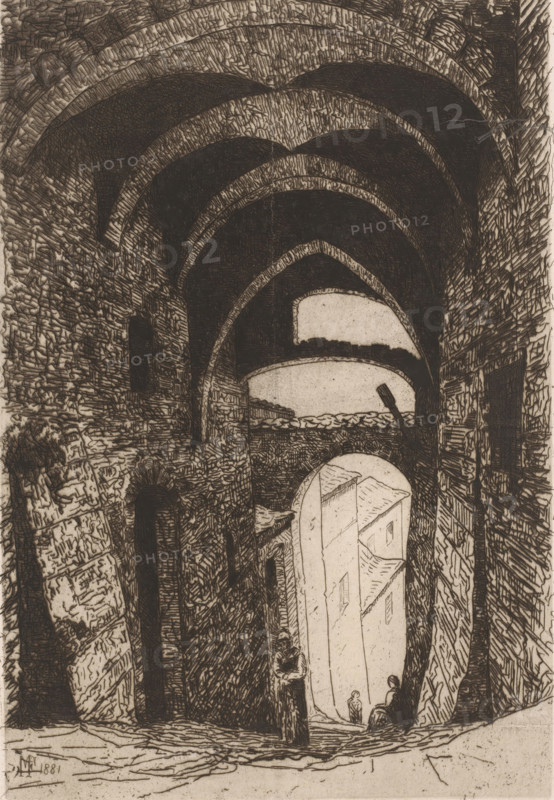 Gate with vaults, print, annotation: '2 etat, 10 January 1882, Son Altesse Royale compte terminer cette planche, à la pointe sèche, par conséquent veuillez faire une, épreuve, l'état naturel de la plaque.', annotation: 'Veuillez enlever la barbe si cela devient trop, noir, faites cette epreuve le plus tôt possible, et l'envoyer aù Palais de Son Altesse, Royale - Van der Hecht', printmaker: Maria van Hohenzollern-Sigmaringen (Countess of Flanders), 1882-01-10, paper, etching, drypoint, retroussage, intaglio printmaking technique, height 318 mm x width 220 mm, This print contains notes by Guillaume Van der Hecht (1817-1891). This draftsman was the teacher of the Countess of Flanders, who taught her the technique of etching. The notes on this sheet are intended for the person making the prints; the Countess did not do the printing herself. The note urges that the print be made as soon as possible and sent to the palace., city-gate, A tall, narrow view of a stone passageway with layered, p...