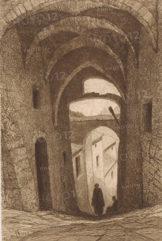 Gate with arches, print, printmaker: Maria van Hohenzollern-Sigmaringen (Countess of Flanders), 1883, paper, etching, drypoint, retroussage, intaglio printmaking technique, retroussage and plate tone in brown, height 308 mm x width 209 mm, city-gate, A sepia-toned architectural scene shows a tall vaulted passageway with layered arches and textured stone walls. Light filters through an arched opening revealing rooftops and distant landscape beyond. Narrow vertical windows and recessed openings punctuate the walls, and two silhouetted figures stand near the lower archway, one taller and one shorter. The foreground floor is marked by linear shading and crosshatching, while the entire image is rendered with dense, fine etched lines creating tonal variation and surface texture.