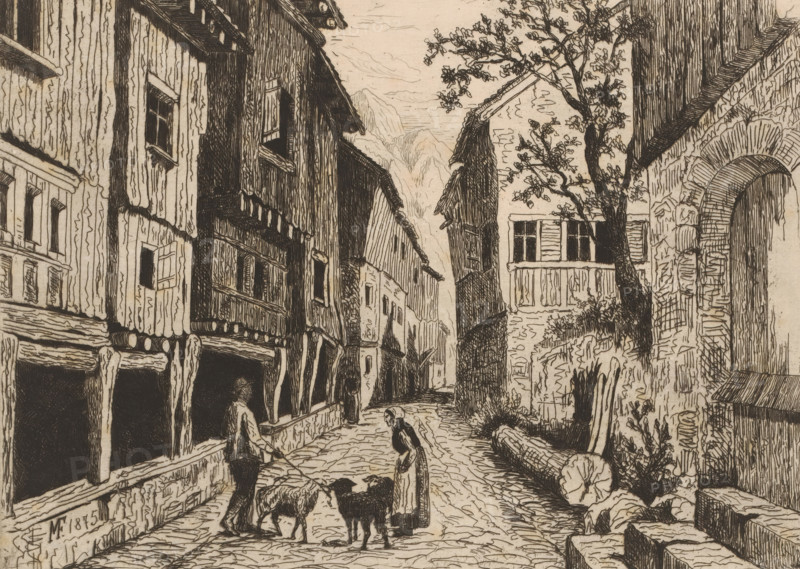View of a street in Werdenberg, print, printmaker: Maria van Hohenzollern-Sigmaringen (Countess of Flanders), 1875, paper, etching, drypoint, retroussage, intaglio printmaking technique, height 190 mm x width 260 mm, village street, Werdenberg, A narrow cobblestone street lined with tall, timber-framed buildings on both sides, some with overhanging upper stories and visible wooden beams, leads toward distant rooftops and faintly sketched mountains; two human figures stand near the foreground, one holding a stick and another bending slightly, near two dark-coated dogs; a tree with sparse leaves rises beside a building with shuttered windows and a small balcony, and a stone archway with textured masonry appears on the right; scattered logs and rough stonework border the street, and small plants and foliage grow near the buildings.