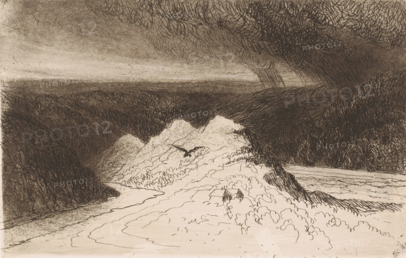 Mountain landscape with dark clouds, print, printmaker: Maria van Hohenzollern-Sigmaringen (Countess of Flanders), 1868 - 1912, paper, etching, drypoint, intaglio printmaking technique, height 172 mm x width 265 mm, mountains, cumulonimbus, ie thunder clouds, A monochrome landscape drawing showing a winding path or river leading toward distant hills, with heavily shaded, textured hills and cliffs on either side, dense scribbled foliage and grass patterns covering the slopes, and a cluster of paler, more sparsely detailed hills or dunes near the center foreground; a dark, clouded sky with layered, swirling hatch marks fills the upper area, and a bird with outstretched wings is visible above the central lighter hill.