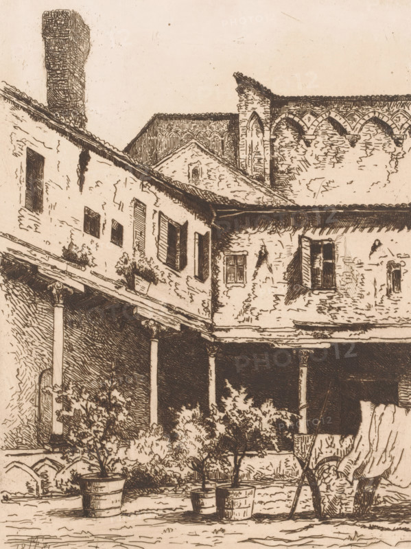 Courtyard with potted plants, print, printmaker: Maria van Hohenzollern-Sigmaringen (Countess of Flanders), 1881, paper, etching, drypoint, retroussage, intaglio printmaking technique, height 268 mm x width 199 mm, courtyard, potted plants, A sepia-toned architectural sketch of an old building with a tiled sloping roof, shuttered windows, and textured stone walls, showing a covered colonnade with slender columns supporting an overhang, potted plants and small trees in containers arranged along a courtyard edge, an awning or cloth draped over a frame, a tall chimney rising beyond the roofline, and a background of ornate arched stonework partially visible above the main structure.