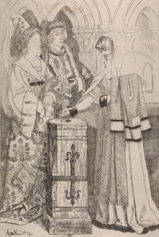 Widow gives a gift, print, printmaker: Albrecht de Vriendt, 1871, paper, chine collé, etching, height 295 mm x width 202 mm, A later state of this print appeared in: Album du journal des Beaux-Arts, dix eaux-fortes inédites. Brussels: Decq et al., 1871. On the front page of the publication titled: De Penning der Weduwe., offertory-box, offertory-bag, widow, A monochrome line drawing shows three robed figures standing around a tall rectangular wooden box with metal fittings and decorative motifs; two figures on the left wear patterned heavy garments and elaborate headwear, one with a fur-edged robe and ornate patterned skirt and the other with a hat and embroidered cloak, both looking toward the figure on the right, who is hooded and leans forward to place something into the slot of the box while wearing a long cloak with contrasting bands on the sleeves and hem; the background depicts arched architectural openings and ribbed vaulting.