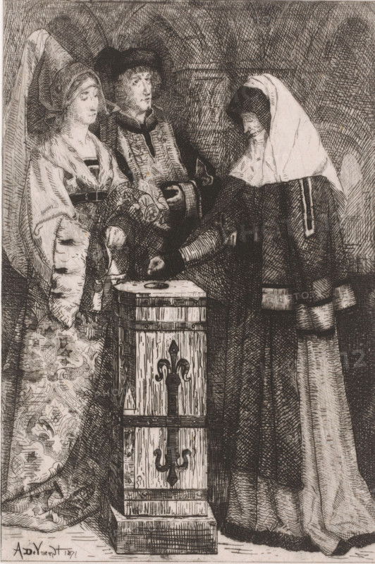 Widow gives a gift, print, printmaker: Albrecht de Vriendt, 1871, paper, chine collé, etching, intaglio printmaking technique, retroussage, height 295 mm x width 202 mm, Later state appeared in: Album du journal des Beaux-Arts, dix eaux-fortes inédites. Brussels: Decq et al., 1871. On the front page of the publication titled: De Penning der Weduwe., offertory-box, offertory-bag, widow, A monochrome etching showing three robed figures standing around a tall wooden box with carved decorative motifs on its front; the figure on the left wears a patterned, flowing gown and a tall headdress with a veil, the central figure wears a dark hat and layered garments with a cloak, and the figure on the right wears a long dark robe with a pale hooded veil covering the head and shoulders while leaning forward; hands of the figures are visible near the top of the box, one hand extended over an opening; the background is filled with crosshatched shading and arch-like lines.