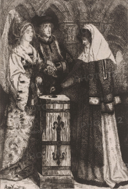 Widow gives a gift, print, printmaker: Albrecht de Vriendt, 1871, paper, chine collé, etching, intaglio printmaking technique, height 295 mm x width 203 mm, Later state of this print appeared in: Album du journal des Beaux-Arts, dix eaux-fortes inédites. Brussels: Decq et al., 1871. On the front page of the publication titled: De Penning der Weduwe., offertory-box, offertory-bag, widow, A detailed black-and-white etched scene shows three figures standing around a tall rectangular wooden box with carved decorative motifs; the central figure wears a wide-brimmed hat and a richly textured coat and looks forward, the figure to the left wears an elaborate patterned gown with a tall headdress and fur-trimmed sleeves, and the figure to the right is cloaked with a hooded head covering and a long dark robe reaching the floor, one hand extended toward the top of the box.
