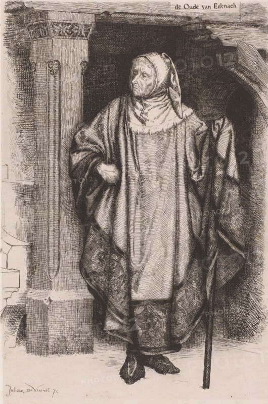 Old man with hooded cloak and walking stick, The Elder of Eisenach, print, printmaker: Juliaan de Vriendt, 1871, paper, chine collé, etching, intaglio printmaking technique, height 299 mm x width 205 mm, Later state of this print appeared in: Album du journal des Beaux-Arts, dix eaux-fortes inédites. Brussels: Decq et al., 1871., old man, walking-stick, staff, Thuringia, Eisenach, An elderly person stands in a doorway wearing a long, draped robe and a hooded head covering, one hand tucked into the garment at the waist and the other holding a long staff, the face turned slightly to the side with a lined, solemn expression, the robe and outer fabric showing detailed patterned borders and folds, the scene framed by architectural elements including a carved column and a recessed archway, the image rendered with fine crosshatching and dense line work creating shading and texture.