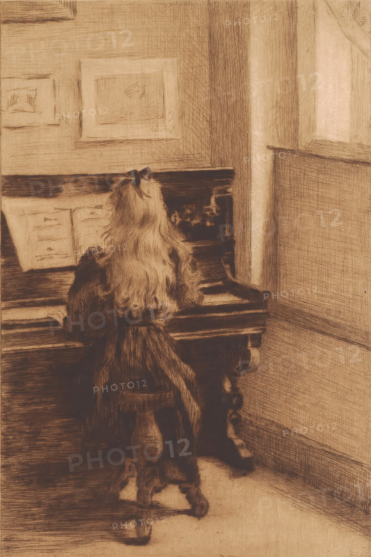 Girl at the piano, print, inscription: '2eme etat, trois epreuves', printmaker: Elisa Weiler (signed by artist), 1875 - 1913, paper, drypoint, etching, intaglio printmaking technique, height 276 mm x width 199 mm, one person playing keyboard instrument, girl (child between toddler and youth), clavichord, harpsichord, A sepia-toned image of a girl seated at a piano, seen from behind, with long wavy hair tied with a bow and wearing a dress; her hands rest on the piano keys and an open music book sits on the piano's stand; the piano has carved legs and decorative details, and the room shows wall paneling and framed pictures on the wall above the piano.