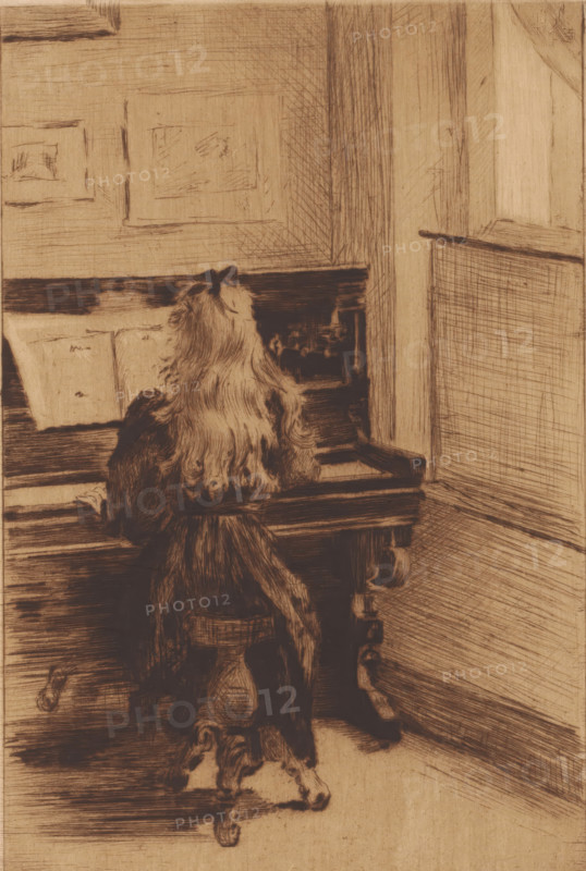 Girl at the piano, print, inscription: '1er etat, trois epreuves', printmaker: Elisa Weiler (signed by artist), 1875 - 1913, paper, drypoint, etching, intaglio printmaking technique, height 279 mm x width 200 mm, one person playing keyboard instrument, girl (child between toddler and youth), clavichord, harpsichord, A sepia-toned drawing shows a person with long, wavy hair seated on a round, carved stool facing a piano. The figure's back is to the viewer and hands rest near the piano keys. The piano has a raised music stand with open sheets visible and ornate legs. The room features paneled walls with framed rectangular shapes on the wall above the piano and vertical molding at the corner. Crosshatched shading and fine linear strokes render the floor and wall surfaces. The overall scene is rendered with sketch-like lines and tonal shading.