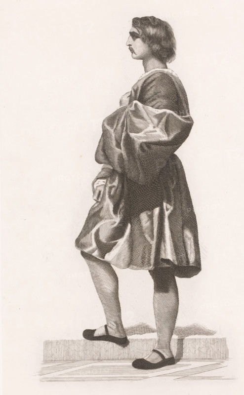Page, print, printmaker: J. Weyn (signed by artist), 1887, paper, chine collé, etching, engraving, height 299 mm x width 197 mm, A monochrome engraved image of a standing young person shown in profile facing left, with shoulder-length wavy hair and a narrow mustache, wearing a loose, draped garment with voluminous folds gathered at the waist and upper arm, a shorter skirt-like lower portion, and flat shoes with straps; one foot is placed on a raised step while the other stands on a lower surface, and the figure casts a subtle shaded shadow on the ground.