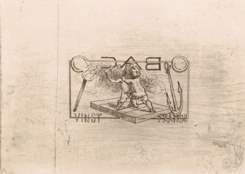 Vingt France, Two putti with dice, a torch and an anchor, print, At the top in mirror image the letters: BAC., printmaker: attributed to Adrien De Witte, 1860 - 1913, Attributed to, paper, etching, intaglio printmaking technique, height 177 mm x width 250 mm, cupids: 'amores', 'amoretti', 'putti', torch, parts of ship's exterior: anchor, dice-games, A rectangular framed sketch centered on a light, textured background shows two cherubic figures standing on a raised platform, one facing away and the other turned slightly with arms reaching toward each other; behind them are swirling, cloud-like lines. Flanking the frame are circular shapes and an anchor-like object on the right, and a long torch with a flame on the left. Above the figures are geometric shapes and linear elements, and faint scratches and smudges cover the surrounding paper.