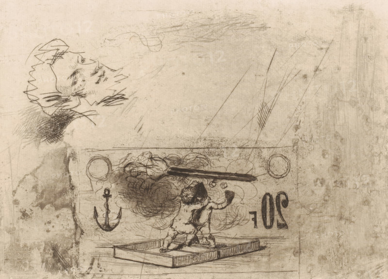 Study sheet with, among others, putti, a torch, anchor and head, print, printmaker: Adrien De Witte, 1860 - 1913, paper, etching, intaglio printmaking technique, height 179 mm x width 249 mm, cupids: 'amores', 'amoretti', 'putti', torch, parts of ship's exterior: anchor, A faded sketch on a textured beige background shows a loosely drawn profile of a face in the upper left, with jagged hairlines and crosshatched shading near the jaw, and a small cluster of scribbled marks suggesting an eye and nose; below and toward the center a rectangular bordered area contains a small figure standing on a raised platform, viewed from behind with one arm raised and curly hair, surrounded by swirling cloud-like scribbles and a dark elongated object above the figure; to the left of the figure within the bordered area is an anchor drawn with simple curved lines, and to the right are ornate curved shapes that mirror each other; the overall image contains many light pencil strokes, smudges, scratches, and...