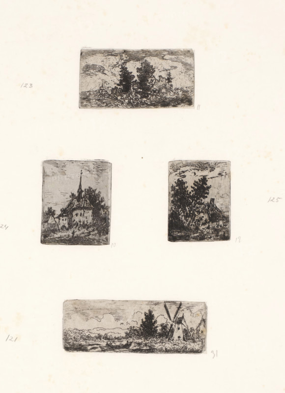 Four landscapes, print, Four scenes on one sheet: Landscape with trees, Small church, House with two large trees, Mill by the water., printmaker: Arnoud Schaepkens, 1855 - 1904, paper, chine collé, etching, drypoint, etching and drypoint, height 345 mm x width 312 mm, landscapes, cottage, windmill in landscape, trees, church (exterior) - QQ - small church, chapel, A pale sheet with six small rectangular ink panels arranged vertically, each panel containing a monochrome landscape etching; the top panel shows dense foliage and shrubs under a textured sky; below it two side-by-side panels depict a building with a steeple amid trees on the left and a cluster of trees and a thatched-roof structure on the right; lower on the page a wider horizontal panel displays a riverbank scene with low vegetation and a windmill at the edge, all panels rendered in fine dark lines on the light background.