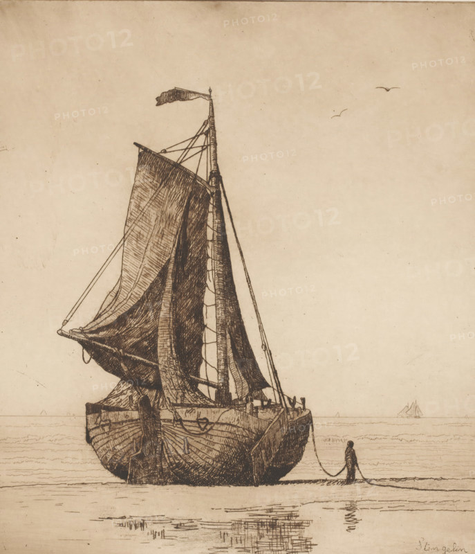Fishing boat on the beach of Katwijk, print, Next to the boat a sailor carrying the anchor chain., printmaker: Alphonse Stengelin (signed by artist), 1862 - 1913, paper, etching, intaglio printmaking technique, etching with plate tone in brown, height 327 mm x width 287 mm, beach, sailing-ship, sailing-boat, commercial fishery, sea, A large sailboat seen from the stern with tall masts and furled sails rendered in fine line work, a flag at the top of the mast, rigging and ropes stretching down to the deck, detailed wood grain on the hull, a solitary figure standing on the shore holding a rope attached to the boat, a calm sea with subtle ripples, a distant smaller sailboat on the horizon, two small birds in the sky, and reflected line work in the water below.