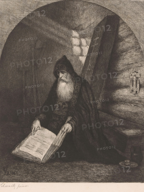 Orthodox monk or hermit kneeling with an open book, print, annotation: 'A mr. Allebé ... signature Mosolov', printmaker: Nikolay Semyonovich Mosolov (signed by artist), after painting by Schwärtz, 1857 - 1913, paper, chine collé, etching, drypoint, roulette, intaglio printmaking technique, height 294 mm x width 228 mm, book - MM - book open, monastic orders, monastic life, Eastern, Greek and Russian orthodox churches, An elderly bearded man wearing a hooded cloak sits with a large open book resting on his lap, his hands holding its edges; he appears inside a dim, arched interior with textured stone walls and a small window casting light; behind him a tall wooden beam leans against the wall and a metal wall fixture is mounted nearby; on the floor beside him a small plate with stacked round objects and a jug are visible.