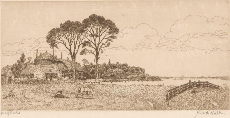 Landscape with meadows, water and farm, print, printmaker: Maurits van der Valk (signed by artist), 1867 - 1914, paper, etching, intaglio printmaking technique, etching with plate tone, proof print, height 96 mm x width 196 mm, meadow, pasture, polder, reclaimed land, farm or solitary house in landscape, A sepia-toned landscape drawing shows a rural scene with a cluster of thatched and tiled roof cottages partially obscured by tall, leafy trees, with detailed branches and foliage rendered above the buildings. In the foreground a field with textured grass occupies most of the view, with a grazing horse near the center and a rounded haystack and a small bundled object to the left. A narrow ditch or stream runs across the right foreground toward a wooden fence that curves along the bank. Low shrubbery and hedges separate the cottages from the field, and a distant low horizon with faint architectural outlines is visible beneath a sky filled with layered, rounded cloud formations.