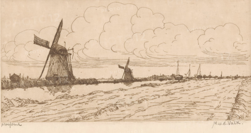 Landscape with meadow, canal and windmills, print, printmaker: Maurits van der Valk (signed by artist), 1867 - 1914, paper, etching, intaglio printmaking technique, etching with plate tone, proof print, height 97 mm x width 191 mm, meadow, pasture, canal, windmill in landscape, A sepia-toned landscape drawing showing a wide flat foreground with textured lines suggesting grass and low mounds, a water channel reflecting linear ripples across the middle ground, and a row of low structures along the far bank. Two traditional windmills stand along the bank, one large and detailed on the left with visible sails and a thatched body and a smaller one closer to the center with a tilted sail. Clustered boats and simple building outlines appear near the right bank, and tall masts rise among them. The sky is filled with large billowing cloud forms and horizontal streaks indicating layered clouds or wind, all rendered with fine linear etching.