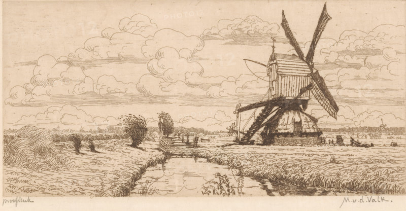 Pasture landscape with ditch and windmill, print, printmaker: Maurits van der Valk (signed by artist), 1867 - 1914, paper, etching, intaglio printmaking technique, etching with plate tone, proof print, height 98 mm x width 190 mm, meadow, pasture, windmill in landscape, small canal, ditch, A wide landscape sketch rendered in fine lines shows a flat marshy plain with a narrow waterway running from the foreground toward the middle ground, flanked by grassy banks and clusters of low vegetation. On the right side a traditional windmill stands on a raised base with a thatched lower section and a wooden cabin above, its angled sails stretching upward and crossing each other. A simple wooden staircase and support beams connect the mill to the ground, and small fences and posts dot the surrounding area. Low, rounded clouds fill much of the sky, layered with horizontal line shading, and distant low trees and field structures appear along the horizon. The overall palette is sepia-toned with deli...