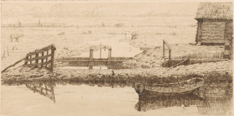 Haarlemmervaart (original title), Ditch with dam in a meadow, print, A rowboat in the ditch., printmaker: Maurits van der Valk (signed by artist), 1867 - 1914, paper, etching, drypoint, intaglio printmaking technique, height 107 mm x width 213 mm, meadow, pasture, rowing-boat, canoe, small canal, ditch, A sepia-toned line drawing of a rural waterside scene showing a wooden boat moored along a calm channel with its reflection in the water, grassy banks with a simple wooden fence and gate, a small raised rectangular sluice or lock structure spanning the channel, and a thatched wooden building at the right edge with visible weathered boards; the middle and distant ground show flat marshland with scattered grazing animals, low vegetation, and distant farm buildings and towers on the horizon beneath a sky filled with horizontal cloud bands.