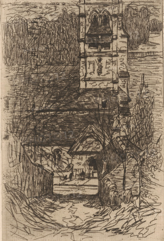 View of the church in Mériel, print, printmaker: Maurits van der Valk (signed by artist), 1867 - 1914, paper, etching, drypoint, intaglio printmaking technique, height 198 mm x width 131 mm, church (exterior), Mériel, A vertical pen-and-ink style drawing showing a narrow pathway leading toward a tall building with arched openings near its top; the foreground path winds between sloping banks and low walls, with sketchy vegetation and blades of grass along the edges. Midway the scene reveals rooftops and a triangular gable over an entrance, with a small structure that has a pitched roof and a chimney to one side. The tall building dominates the center right, its facade rendered with linear hatching and marks, and a small human figure sketched on the wall. Around the building are dense clusters of trees and bushes drawn with looping, vertical strokes, and beyond them a horizontal band that suggests water or a distant flat plain. The entire image is composed of fine, crosshatched lines and...