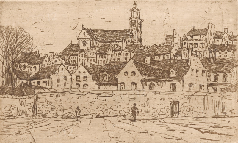 Pontoise (original title), View of Pontoise, with the Cathédrale Saint-Maclou in the center, print, printmaker: Maurits van der Valk (signed by artist), 1867 - 1914, paper, etching, drypoint, intaglio printmaking technique, height 120 mm x width 198 mm, prospect of village, silhouette of village, church (exterior), A panoramic sketch of a townscape rendered in sepia tones, showing a dense cluster of peaked and gabled roofs, chimneys, and multi-story buildings tightly packed along a horizontal ridge, with a taller ornate tower rising above the rooftops near the center and a large churchlike structure with a steep roof nearby; in the foreground a low stone wall runs across the scene with two small human figures standing on a path before it, and a simple wooden barrel or bin positioned near them; to the left a stand of leafless trees rises above the roofs, while the sky is sparsely marked with short, curved strokes suggesting faint movement.