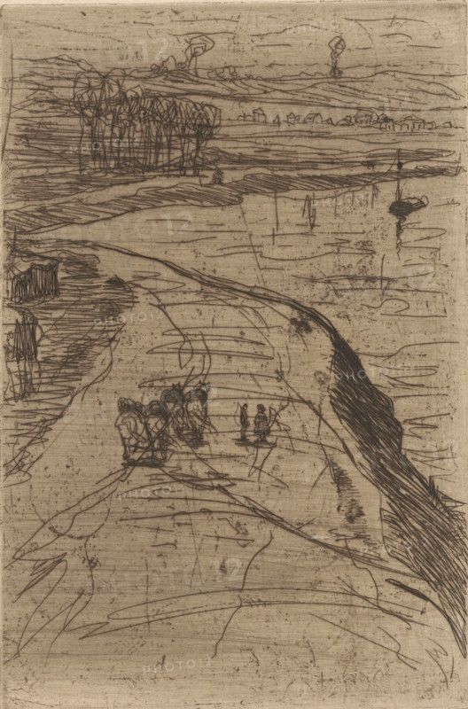 Country road along water, Near Antwerp (original title), print, annotation: 'Anvers', printmaker: Maurits van der Valk (signed by artist), 1867 - 1914, paper, etching, drypoint, intaglio printmaking technique, height 198 mm x width 131 mm, road, path, landscapes with waters, waterscapes, seascapes (in the temperate zone), Antwerp, A sepia-toned etching showing a wide, winding shoreline or riverbank with sketchy linear etchings suggesting water, sand, and grassy banks; near the center foreground there are loosely drawn groups of small human figures, some clustered together and a couple standing slightly apart; to the left a dense cluster of vertical lines forms a stand of trees, and further back a low horizon with faint outlines of buildings and irregular landforms; the right side features darker, densely hatched reeds or vegetation along the bank, and a small boat or raft with a vertical post is visible on the water; the sky is marked by light, horizontal scratches and a few abstract c...
