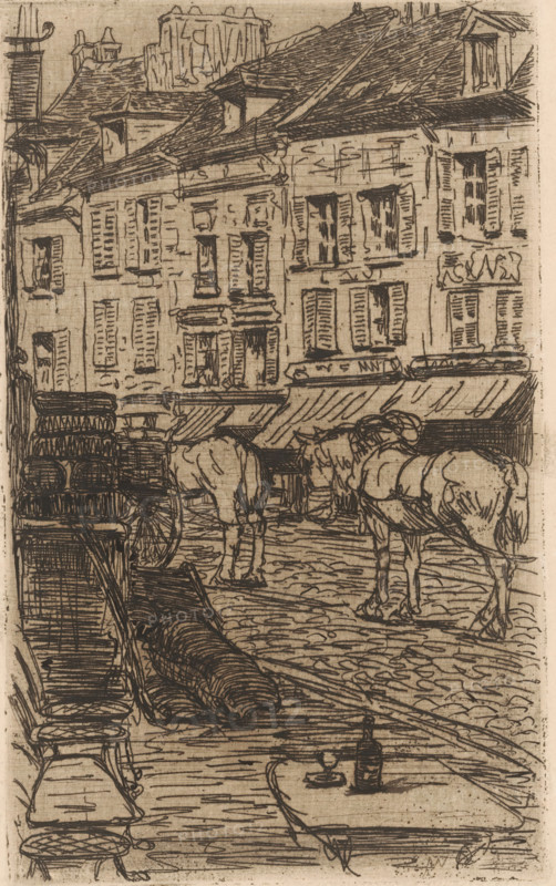 Street scene, in Saint-Ouen-l'Aumône, print, printmaker: Maurits van der Valk (signed by artist), 1867 - 1914, Maurits van der Valk, printmaker, paper, etching, drypoint, intaglio printmaking technique, height 199 mm x width 121 mm, urban housing, street, A sketched street scene shows a row of multi-story buildings with shuttered windows and sloping rooftops, rendered in dark ink on a light background. In the foreground, two horses stand on a cobbled surface near a cart loaded with stacked round objects and long bundled items lying on the ground. A table with a pitcher and a bottle sits near the bottom edge, and various awnings and architectural details of the storefronts are visible above the horses. The drawing features dense crosshatching and linear marks to indicate texture on roofs, walls, and the pavement.