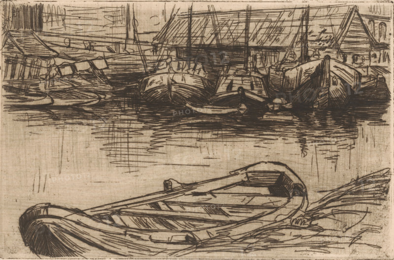Moored boats in harbour, print, printmaker: Maurits van der Valk (signed by artist), 1867 - 1914, paper, etching, drypoint, intaglio printmaking technique, height 114 mm x width 175 mm, harbour, rowing-boat, canoe, sailing ship, sailing boat, A monochrome sketch of a waterfront scene showing several small rowboats in the foreground and midground, their curved hulls and interior planks rendered with loose, parallel hatch marks; water with horizontal and vertical lines indicating ripples sits between the boats and a dock area; beyond the water a cluster of structures with peaked roofs and board-like siding is drawn with rapid, slanted strokes, and more boats are moored alongside the dock with masts and rigging suggested by thin vertical lines; the overall image is made of dark, sketchy lines on a light, textured background.