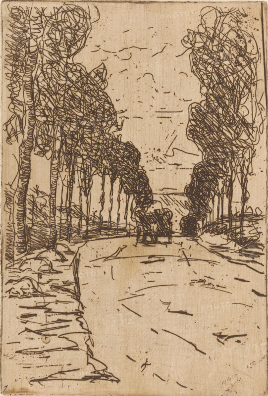 Country road, Hérouville (original title), Country road with wagon, print, number: '1', printmaker: Maurits van der Valk (signed by artist), 1867 - 1914, paper, etching, drypoint, intaglio printmaking technique, height 176 mm x width 119 mm, road, path, (farm) wagon, freight wagon, cart, Hérouville-Saint-Clair, A vertical sepia-toned line drawing depicting a road or path flanked by tall, densely scribbled trees on both sides, with the trees forming a canopy that narrows toward the center. The trunks are drawn with vertical lines and hatch marks, the foliage rendered as tangled, looping scribbles. A small, roughly sketched wagon or carriage driven by a figure is visible near the center where the path converges, silhouetted against a lighter background. The foreground shows a broad plain of the path with scattered short strokes and marks, and the left and right edges feature rocky or uneven ground indicated by angular lines and shading. Overall the image is composed of thin dark ink line...