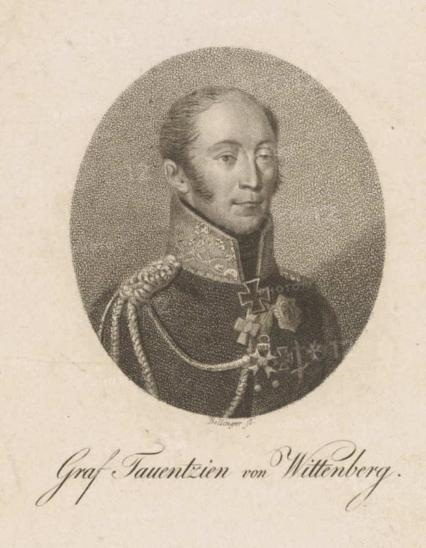 Portrait of Friedrich Bogislav Emanuel, Graf Tauentzien von Wittenberg, print, printmaker: Friedrich Wilhelm Bollinger, Berlin, after drawing by Heinrich Anton Dähling, 1814 - 1825, paper, stippelwerk, height 135 mm x width 99 mm, Person, Friedrich Bogislaw Emanuel Graf Tauentzien von Wittenberg, historical persons, knighthood order, (military) uniforms, An engraved oval portrait of a man shown from the chest up wearing a high-collared uniform with epaulettes and decorative braiding, his hair is combed back and he has sideburns, his expression is neutral and he looks slightly to his right, the background inside the oval is textured with stippling and the surrounding paper is a light aged tone.