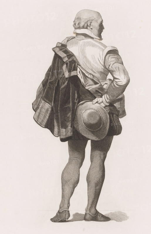 Man in historical clothing, print, printmaker: Joseph Edouard Van Looy (signed by artist), 1888, paper, chine collé, etching, height 295 mm x width 217 mm, A detailed monochrome illustration of a man shown from behind, standing with one hand resting on his hip and the other holding a round hat behind his back, wearing a collared shirt with sleeves rolled to the elbow, a draped cloak over one shoulder, knee-length breeches, and low shoes; the figure has short hair and a receding hairline, and the image is composed of fine linework and hatching on a plain light background.