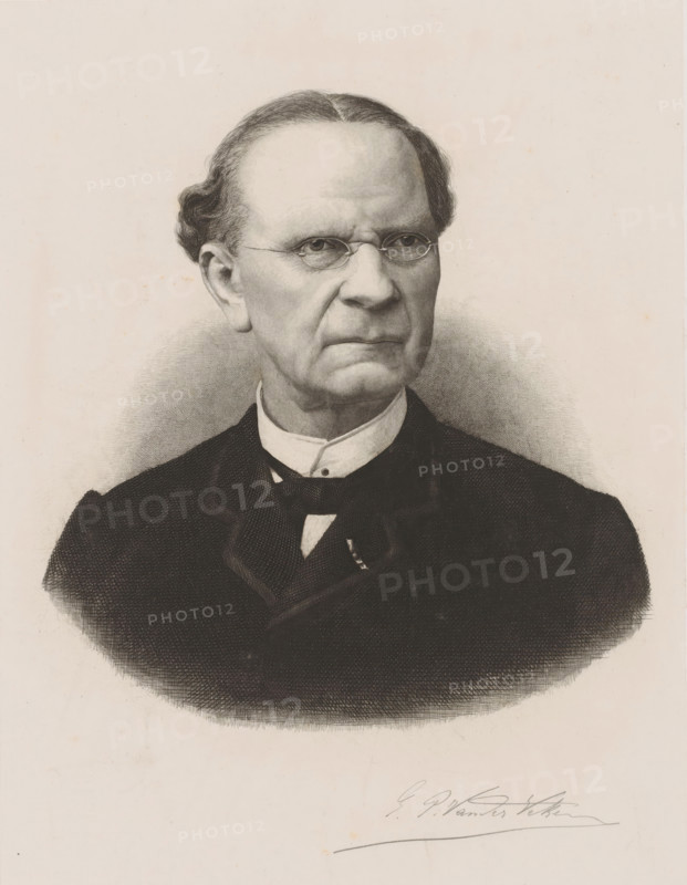 Portrait of an unknown man, print, printmaker: Willem Philip van der Veken (signed by artist), 1873 - 1914, paper, chine collé, etching, engraving, height 300 mm x width 222 mm, historical persons, adult man, eyeglasses, spectacles, A monochrome portrait of an older man shown from the chest up against a plain background, with a high forehead and neatly combed hair parted in the middle that curves back above the ears, small round spectacles perched on the bridge of his nose, a serious expression with slightly downturned mouth and prominent cheek and jaw lines, a high-collared shirt and dark jacket visible at the shoulders and chest, and a subtle halo-like shaded area behind his head.