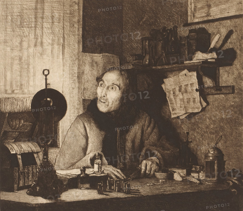 Man weighing valuables by lamplight, print, On the left, a hand of someone climbing to the window via a ladder is visible., printmaker: Piet Verhaert, Antwerp, after painting by Walter Sanford, 1886, paper, chine collé, etching, roulette, retroussage, intaglio printmaking technique, height 299 mm x width 330 mm, adult man, interior of the house, scales, minerals and metals: gold, lighting, lamps, A seated man with a beard and long hair looks upward with a surprised expression, his hands resting on a cluttered table that holds bottles, small containers, and tools; behind him a shelf holds jars, a cloth, and instruments, and a sheet of paper is pinned to the wall; to the left a round device with a vertical rod stands near a curtained window, and various mechanical objects and boxes occupy the workspace around him.