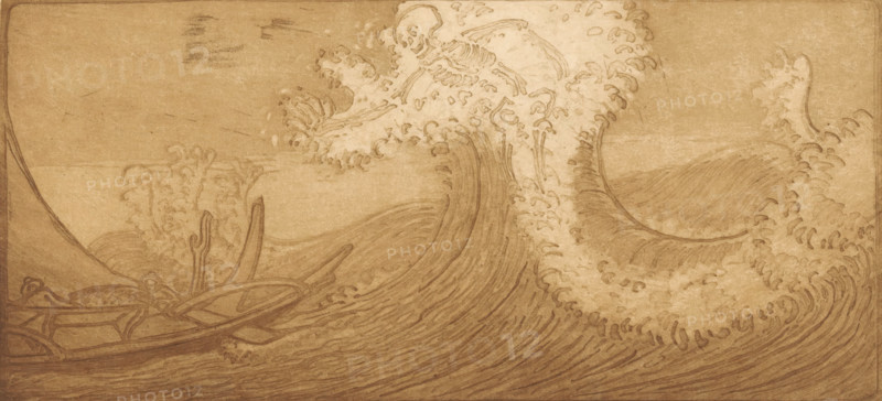 Fishermen at sea and Death, The Traveler and Death (original title), Le Pêcheur et la Mort, print, Two figures on a fishing boat on a wildly rolling sea. In the middle a wave containing Death, in the form of a skeleton., printmaker: Wijnand Otto Jan Nieuwenkamp (signed by artist), 1910-02, paper, zinc etching, intaglio printmaking technique, etching with plate tone in brown on zinc, proof print, height 160 mm x width 237 mm, fisherman, wave, Death as skeleton, Dutch East Indies, The, A sepia-toned drawing of a large crashing wave with curling foam and textured water lines fills the scene, with a smaller wave and foam patterns in the background; a small boat with visible oars and a mast is partially engulfed by the swell at the lower left, and the image has an aged paper texture with darker border shading.