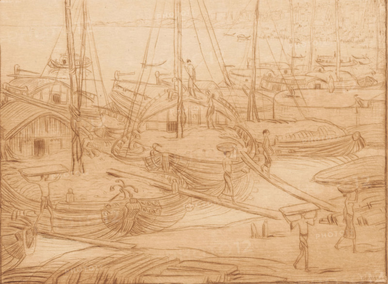 Unloading ships (original title), Moored ships on the bank of the Ganges in Benares, print, Several figures unload the ships using gangplanks., printmaker: Wijnand Otto Jan Nieuwenkamp, 1914-05, paper, etching, intaglio printmaking technique, etching with plate tone in brown on celluloid, proof print, height 150 mm x width 200 mm, carrying something on the head or on the shoulders, ships (in general), Ganges (river), A sepia-toned pencil drawing of a crowded harbor scene featuring many small wooden boats with curved hulls and tall masts, some with canvas covers and small cabin-like structures, interlaced rigging lines, and long oars; several human figures are visible carrying rectangular loads on their heads, standing or walking on the boats and docks, and some figures are seated or leaning on boat edges; the shoreline shows clustered boats pulled up on sand and water surfaces with gentle ripples, and faint distant buildings and shoreline across the water; detailed line work emphasizes...