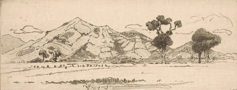 Highlands of Bandung on Java, In the plain of Bandung (original title), print, Mountains in the background., printmaker: Wijnand Otto Jan Nieuwenkamp (signed by artist), 1899, 1913, paper, zinc etching, intaglio printmaking technique, etching with plate tone on zinc, height 103 mm x width 242 mm, mountains (in tropical and sub-tropical regions), steppes, open fields, Java, West-Java, Bandung, A sepia-toned ink landscape shows a range of layered, rounded mountains across the middle ground, with textured lines indicating slopes and ridges. In front of the mountains is a flat plain extending to the foreground, interrupted by clusters of low vegetation and slender lines suggesting grasses or water reflections. Several stylized trees with dense, rounded canopies and visible trunks stand along the plain, two grouped toward the right and a pair closer to the left. Sparse, elongated cloud shapes float in the sky above the mountains. The drawing is composed of fine, flowing pen strokes and cros...
