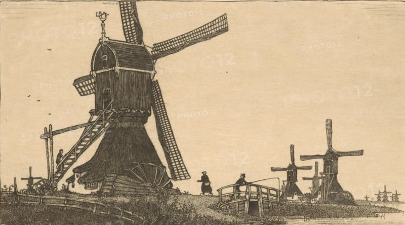 Watermills near Gouda (original title), Windmills on the Vlist between Haastrecht and Schoonhoven, print, In the middle a bridge with a woman in clogs and a man with a fishing rod on it. They are looking at each other., printmaker: Wijnand Otto Jan Nieuwenkamp (signed by artist), 1903-04-28, 1903-05, paper, etching, intaglio printmaking technique, etching with plate tone on copper, proof print, height 173 mm x width 214 mm, windmill in landscape, river, Krimpenerwaard, Vlist, A sepia-toned ink drawing showing a large, detailed windmill at left with long lattice blades, a thatched base, and an external staircase with a small figure climbing it, surrounded by grass and wooden fencing; a smaller bridge and waterway lead toward the center where a person walks and another stands on the bridge holding a pole; additional smaller windmills with lattice blades and wooden structures appear at right, and small birds are visible in the sky above the scene.