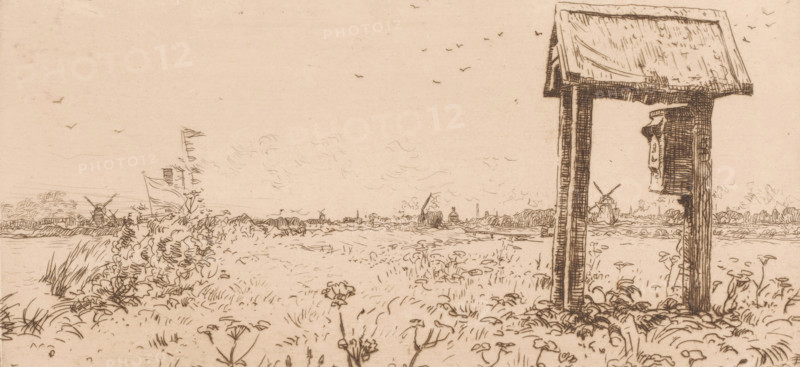 Letterbox, Kaag (original title), Meadows at the Kaag, with letterbox, print, printmaker: Willem Bastiaan Tholen (signed by artist), 1870 - 1914, paper, etching, intaglio printmaking technique, height 136 mm x width 275 mm, meadow, pasture, postal service, A sepia-toned ink drawing of a flat riverside landscape with a wooden shelter on tall posts in the right foreground, the shelter having a slanted roof and an item of cloth or garment hanging from an inner beam, while grasses, low plants, and wildflowers cover the ground around the posts and extend into the middle distance; across the scene a calm river or waterway runs near the horizon with boats and small structures along its far bank, including sailed and mast-bearing vessels and windmills, and birds sketched in the sky above, all rendered with fine, linear pen strokes and delicate crosshatching.