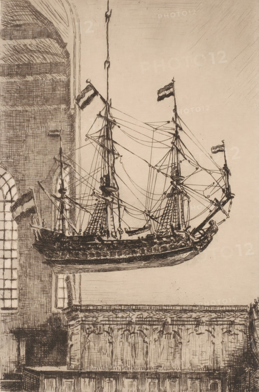 Ship model in the Great Church, in Blokzijl, Ship in the Church (original title), print, printmaker: Willem Bastiaan Tholen (signed by artist), 1870 - 1914, paper, etching, intaglio printmaking technique, height 231 mm x width 153 mm, interior of church, ship-model, Blokzijl, A detailed pen-and-ink drawing of a sailing ship suspended above an ornate stone balcony inside a large architectural space, showing the ship in profile with multiple masts, rigging lines, spars, sails furled and small flags atop the masts; the hull is richly worked with carved decoration and gunports, and a sculpted figurehead is visible at the bow. The surrounding interior includes tall arched windows with mullions, heavy masonry walls with carved panels and cornices, and a ledge beneath the ship. Crosshatched shading and fine linework render textures on wood, stone, and fabric throughout the composition.