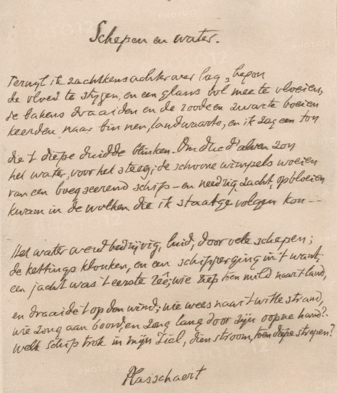 Ships and water (original title on object), print, poem, poem: 'While I lay gently back, the tide began to rise, and a full gleam flowed along with it, ', printmaker: Willem Bastiaan Tholen (signed by artist), poet: Albert Charles Auguste Plasschaert, 1870 - 1914, paper, etching, intaglio printmaking technique, height 244 mm x width 198 mm, The poem 'Ships and water' by Albert Charles Auguste Plasschaert., author, poet writing, handwriting, written text, A sheet of aged paper with flowing cursive handwriting in dark ink across most of the surface, showing lines of script that vary in slant and pressure, with a larger cursive heading near the top and another word centered near the bottom, the ink appearing slightly faded and the paper having a warm beige tone and a subtle textured grain.