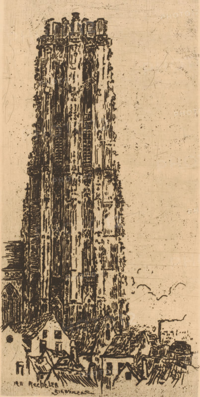 View of St. Rumbold's Cathedral, St. Rumbold's Mechelen, print, printmaker: Rik Wouters (signed by artist), 1911, paper, etching, intaglio printmaking technique, height 316 mm x width 164 mm, city-view in general, 'veduta', parts of church exterior and annexes: tower, Mechelen, St. Rumbold's Cathedral, A tall, intricately detailed stone tower occupies the left side of the image, its façade marked by vertical lines, carved decorative elements, and recessed panels; small rooftop structures and sculptural details are visible near its top. At the base of the tower there are several clustered buildings with pitched roofs, chimneys, and visible roof tiles, rendered in the same linear, etched style. The background is a pale, textured surface with scattered small dots and faint scratches, and simple curved marks suggest a few birds in flight near the right side of the composition.