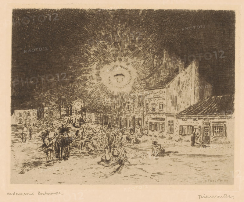 Shrove Tuesday in Bosvoorde, Shrove Tuesday Boschvoorde, print, printmaker: Rik Wouters (signed by artist), 1911, paper, etching, drypoint, retroussage, intaglio printmaking technique, retroussage and plate tone, proof print, height 199 mm x width 250 mm, Shrove Tuesday, 'Mardi gras', non-liturgical celebrations of carnival, Watermaal-Bosvoorde, Bosvoorde, A sepia-toned etching showing a street scene with buildings lining both sides and a large radiating circular light in the sky, textured crosshatching filling the dark sky, groups of small human figures walking and standing in the street, a cluster of animals and people toward the foreground, architectural details on the facades such as windows and awnings, a tiled roof visible on the right, and hand-drawn lines and shading throughout giving the image a sketchlike appearance.