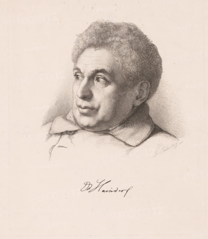 Portrait of Alexander Haindorf, print, printmaker: Franz Thelen, 1847, paper, etching, height 248 mm x width 189 mm, Person, Alexander Haindorf, historical persons, A detailed pencil or ink portrait of an older person shown from the shoulders up, facing left with a three-quarter view of the face; the person has curly hair rendered with fine lines, pronounced eyebrows, deep-set eyes looking slightly upward, a rounded nose, full lips, and visible facial shading created by crosshatching; the subject wears a garment with a wide collar and layered fabric folds, and the background is plain with faint paper texture and small spots.
